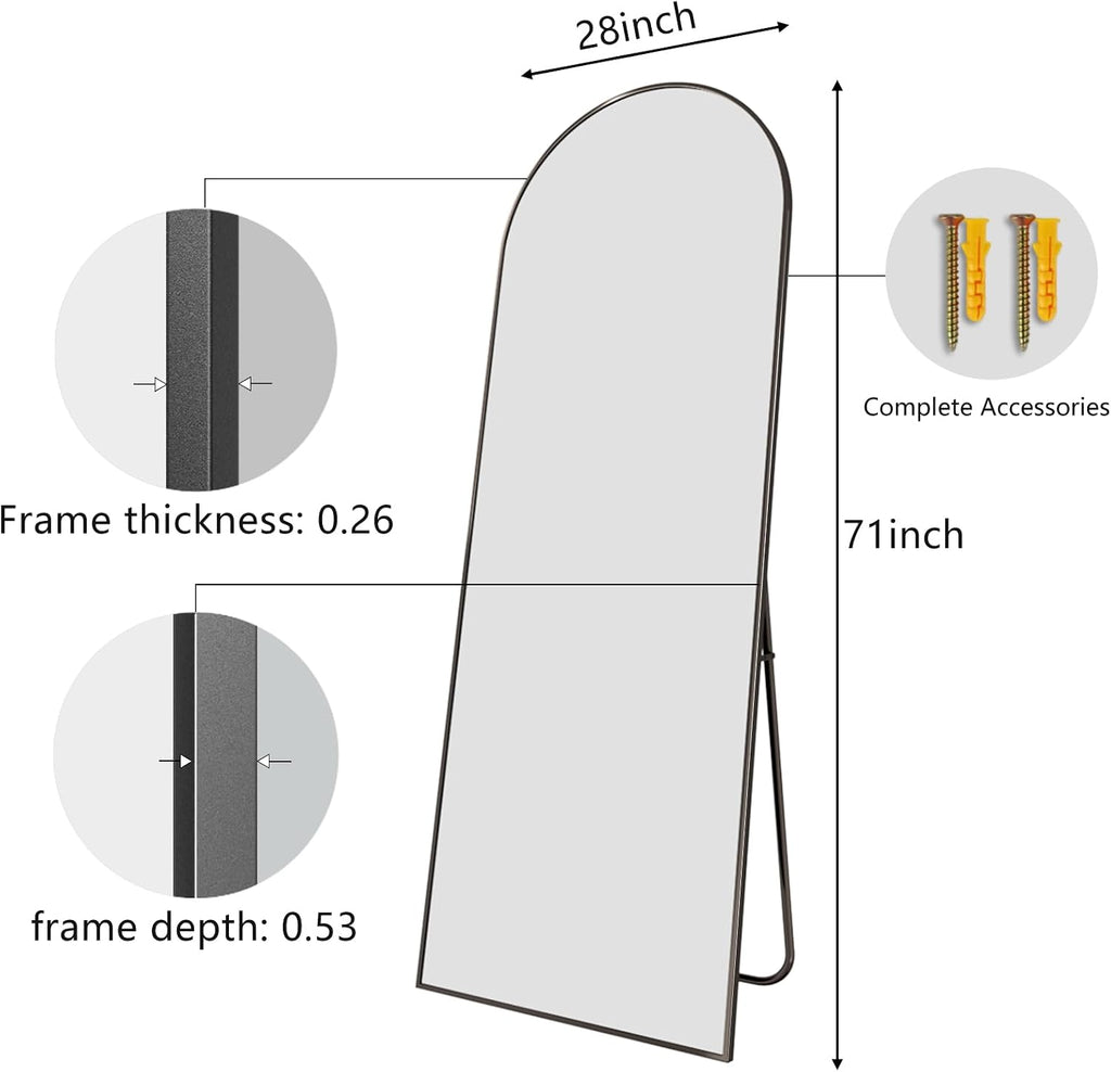 Mirror Full Length, 28'x71' Large Arched Floor Full Length Mirror with Stand, Room Decor Big Full Body Floor Mirror with HD Tempered Glass Aluminum Frame for Bedroom Living Room, Black