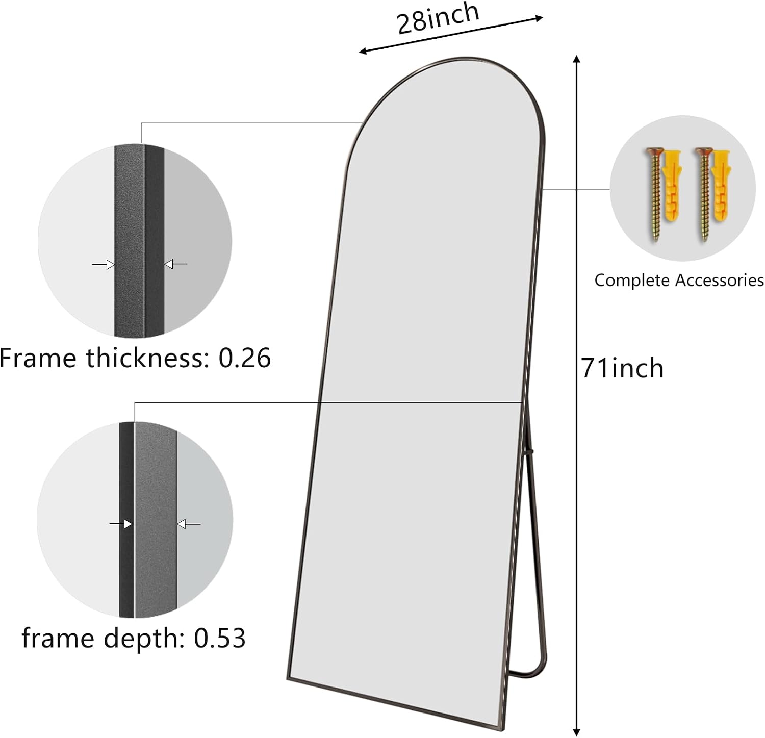 Mirror Full Length, 28'x71' Large Arched Floor Full Length Mirror with Stand, Room Decor Big Full Body Floor Mirror with HD Tempered Glass Aluminum Frame for Bedroom Living Room, Black