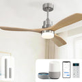 Sofucor 52 Inch Smart Ceiling Fans with Lights and Alexa/Google Assistant/APP/Remote Control-Modern Outdoor 3 Solid Wood Blades Ceiling Fan for Bedroom Living Room Patio, Sandy Nickel&Natural Wood
