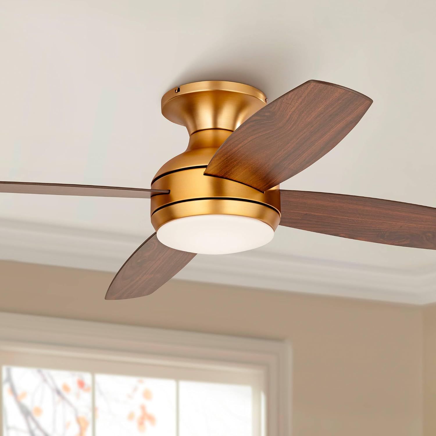 Casa Vieja 52' Elite Modern Hugger Low Profile Indoor Ceiling Fan with Light LED Remote Control Soft Brass Walnut Brown Opal Glass for House Bedroom Living Room Home Kitchen Dining Office