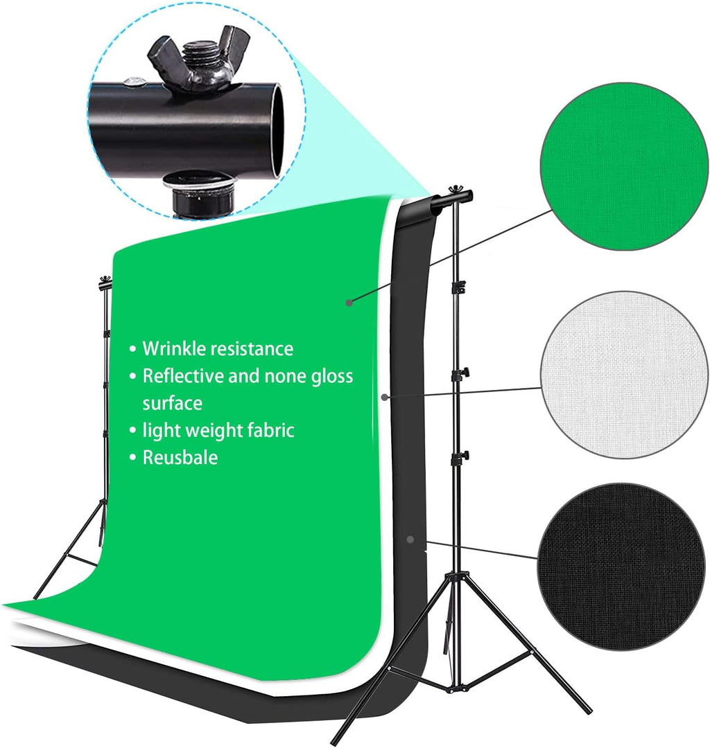 Photo Video Studio 10 x 8.5ft Stand with Muslin Backdrop (Green /White /Black) & 85W 5500K Led Bulb & Umbrella Lighting Kit Photography Background Support System Kit,Clamp, Carry Bag