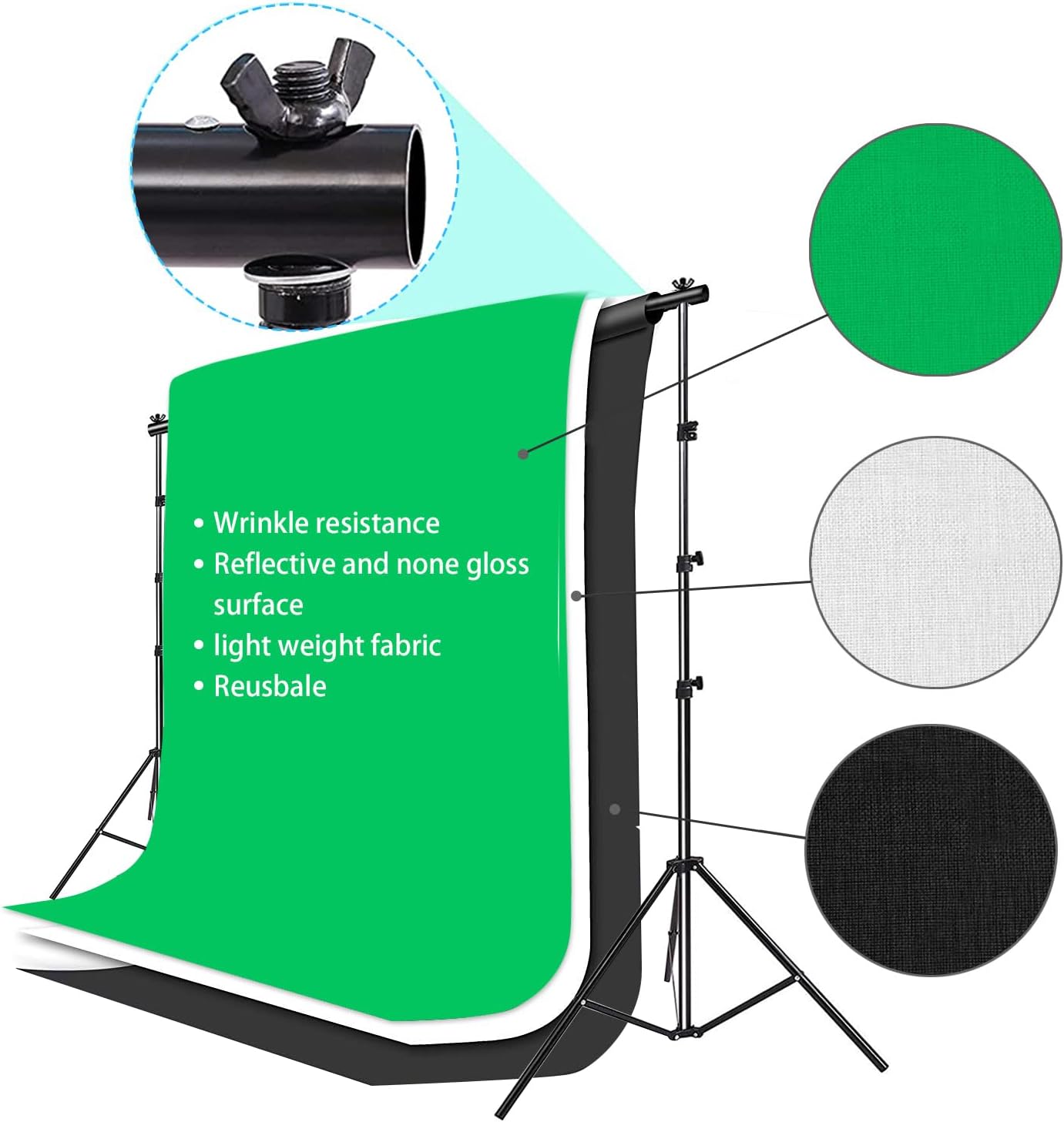 Photo Video Studio 10 x 8.5ft Stand with Muslin Backdrop (Green /White /Black) & 85W 5500K Led Bulb & Umbrella Lighting Kit Photography Background Support System Kit,Clamp, Carry Bag