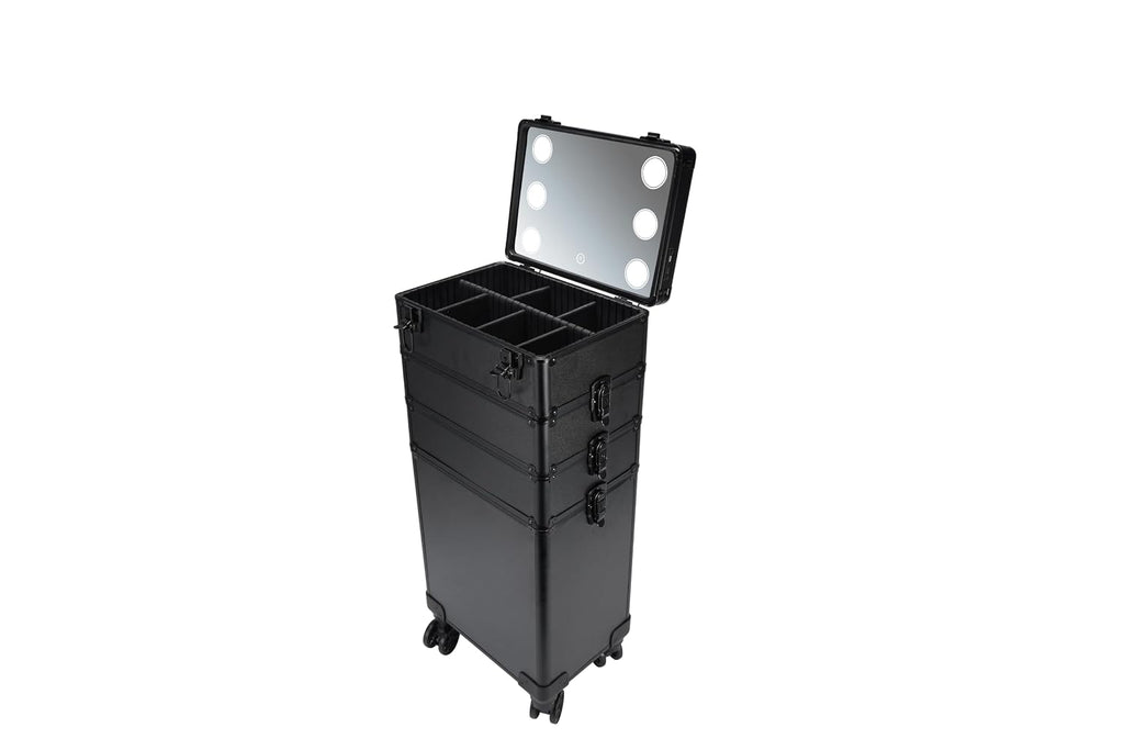 4 in 1 Rolling Makeup Train Case with Light & Mirror, Interchangeable Cosmetic Box, Cosmetology Caboodle Case on 360° Wheels, Beauty Storage Luggage(Black)