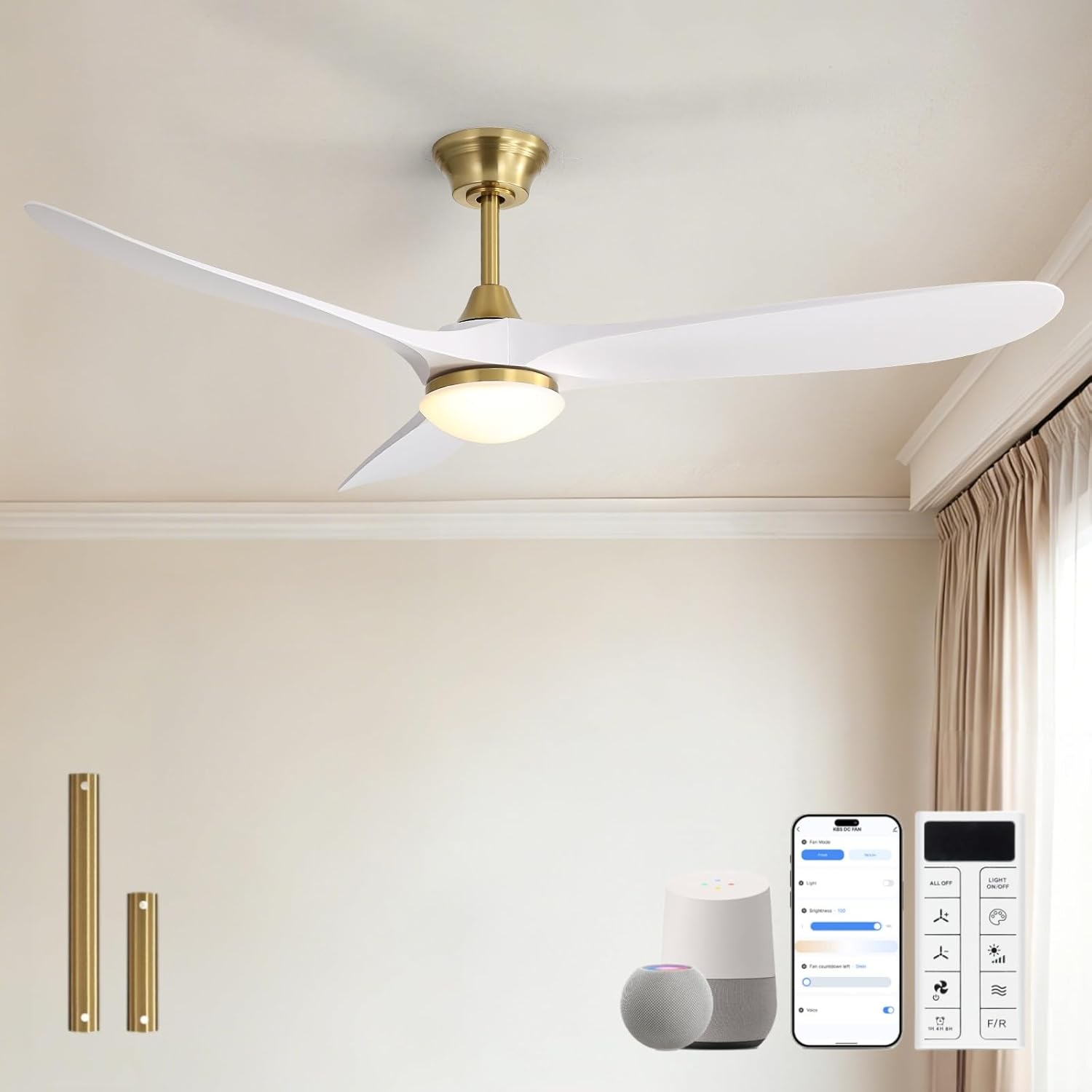 Sofucor 60 Inch Smart Ceiling Fans with Lights-Outdoor Modern Smart White Ceiling Fan with Alexa/Google/APP/Remote Control, Reversible Quiet DC Motor, ABS Blade Ceiling Fan for Living Room/Patios