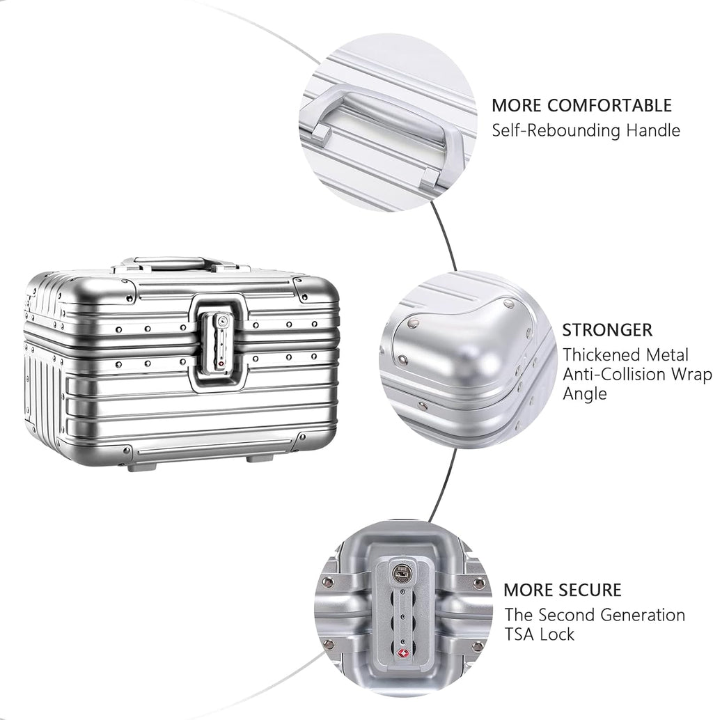 YUEMAI Hard Shell Cosmetic Case, Mini Aluminium Alloy Carrying Makeup Case Suitcase, Small Travel Hand Luggage With Elastic Band, For Make-Up Artist, Silver
