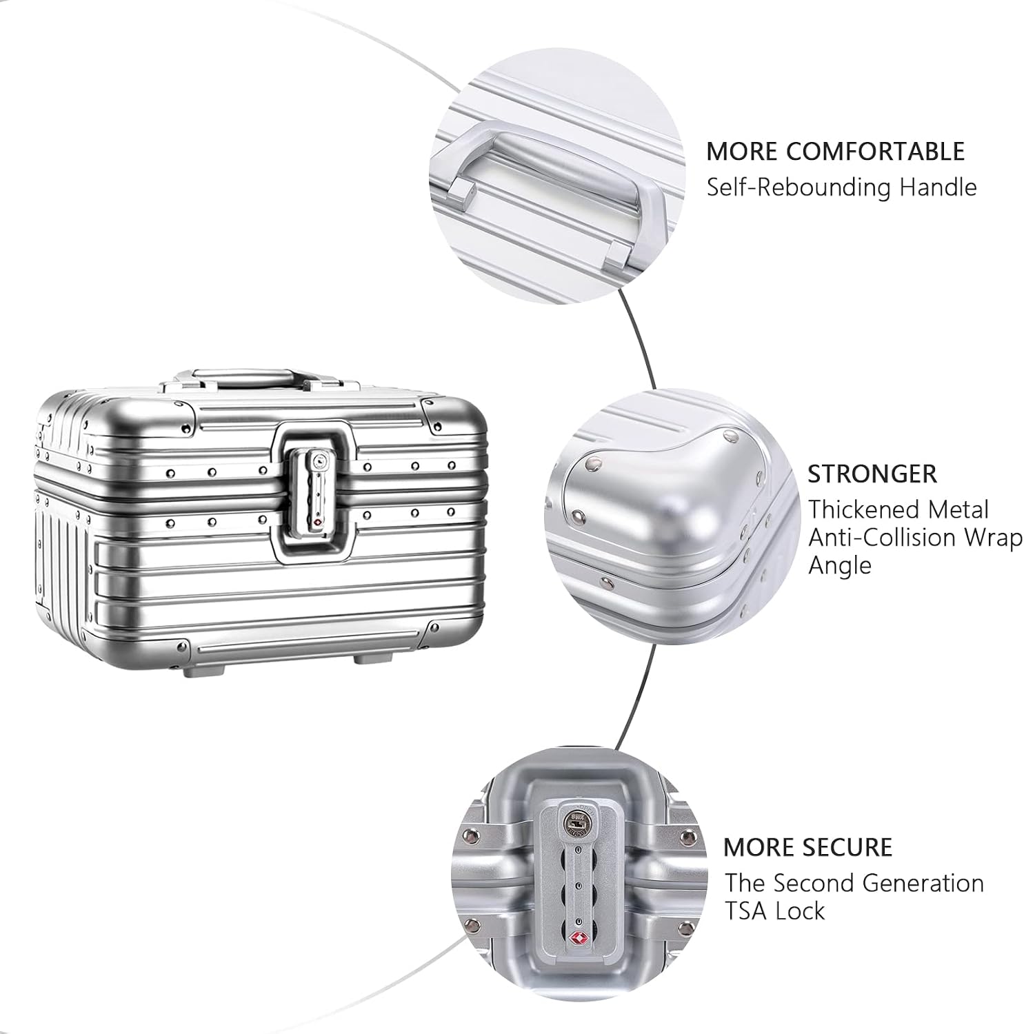 YUEMAI Hard Shell Cosmetic Case, Mini Aluminium Alloy Carrying Makeup Case Suitcase, Small Travel Hand Luggage With Elastic Band, For Make-Up Artist, Silver