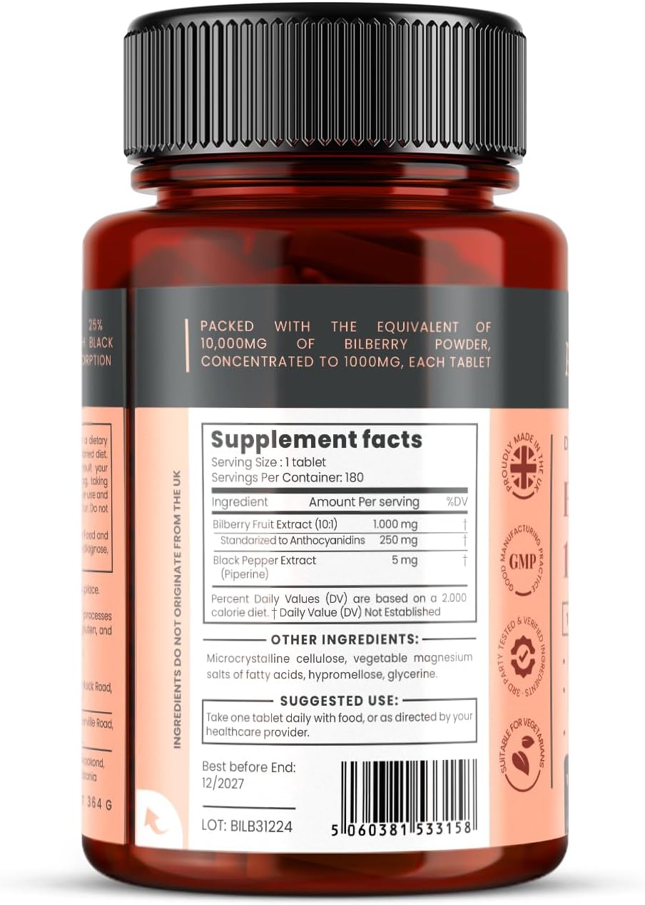pureclinica Bilberry Extract 1000mg (10:1) per Tablet – High Strength Concentrated Formula – 720 Tablets (4 Bottles) – 2 Year Supply