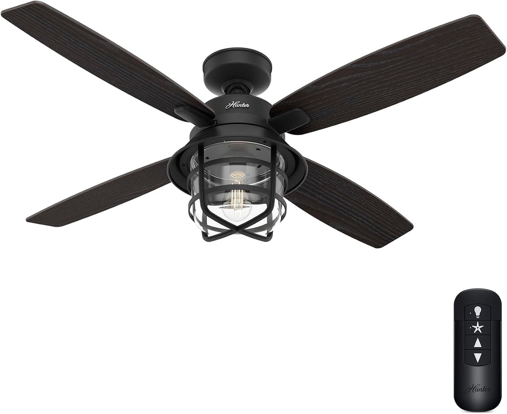 Hunter 52 inch Outdoor or Indoor Ceiling Fan with LED Light and Remote Control - Black Ceiling Fan, Standard Mount, 4 Blades, For Patio, Porch, or Living Room - Port Royale 50391, Natural Black Iron