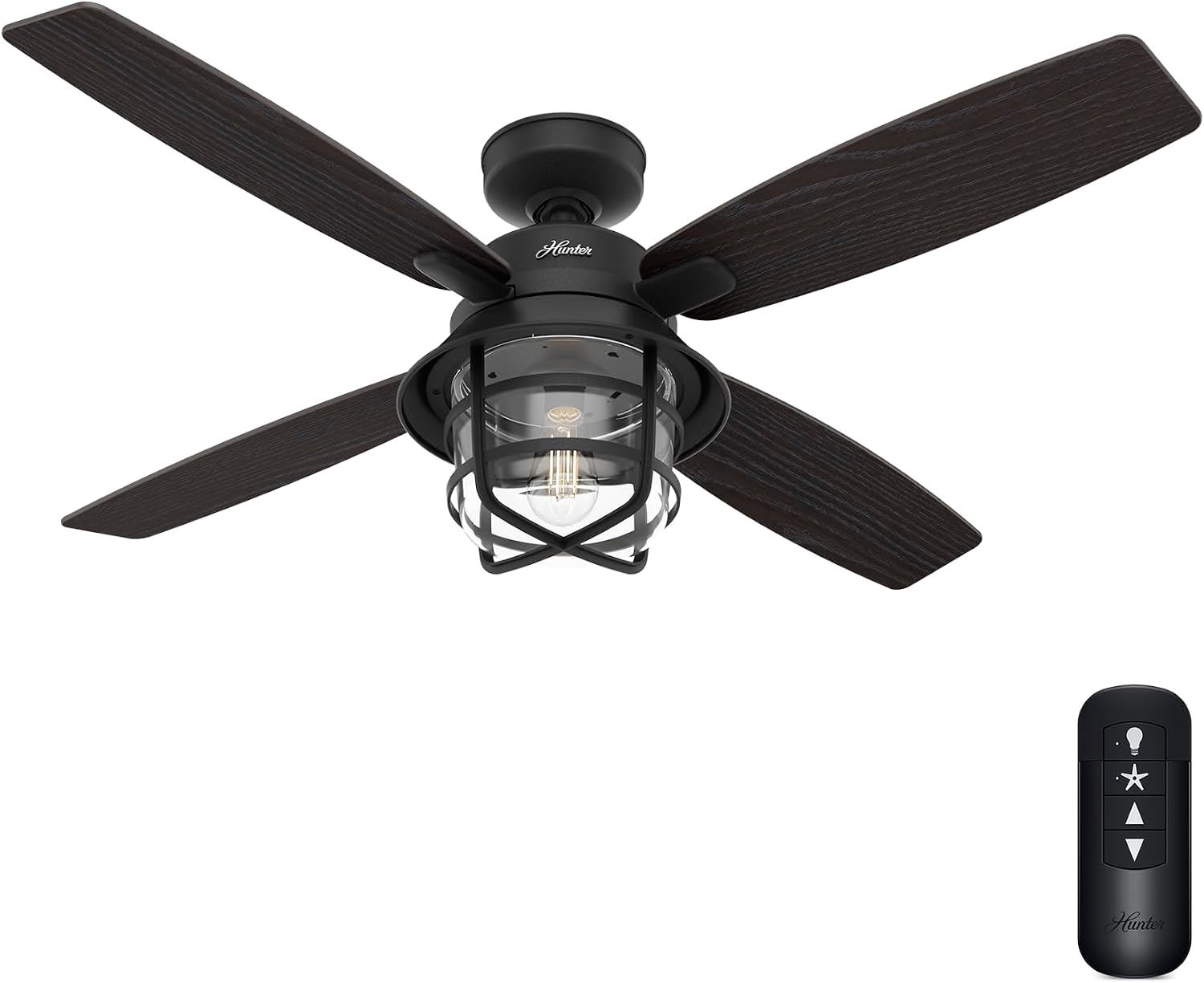 Hunter 52 inch Outdoor or Indoor Ceiling Fan with LED Light and Remote Control - Black Ceiling Fan, Standard Mount, 4 Blades, For Patio, Porch, or Living Room - Port Royale 50391, Natural Black Iron