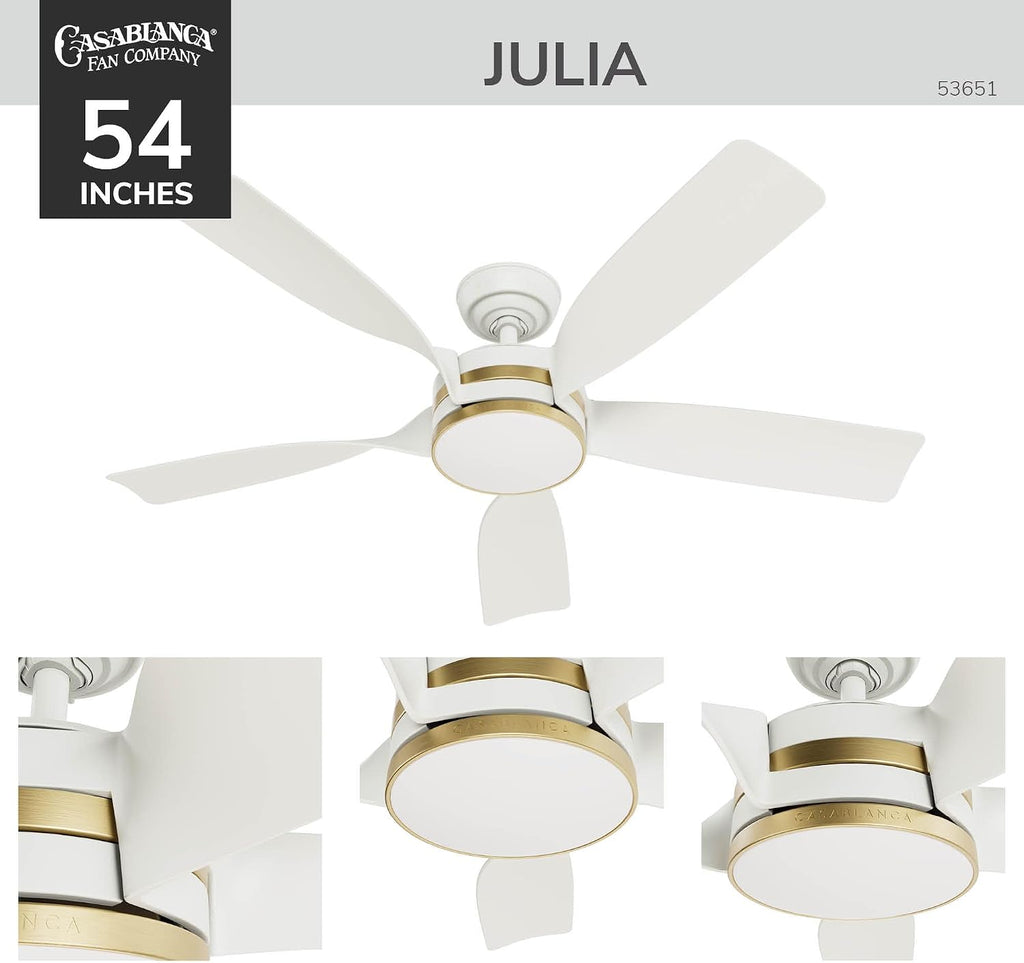 Casablanca - Julia Indoor/Outdoor Ceiling Fan With Light, Wall Control, Remote, 52-inch, 6-speed DC Motor, Energy Star, for porches, patios, sunrooms, bathrooms (Fresh White)