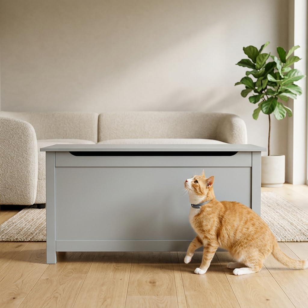 Parker Designer Catbox Cat Litter Box Enclosure, Hidden, Dog-Proof Pet Furniture with Cover, Elegant, Covered, Odor Contained for Large Cats, Litter Box Furniture with Lid, Cat Litter Boxes, Gray