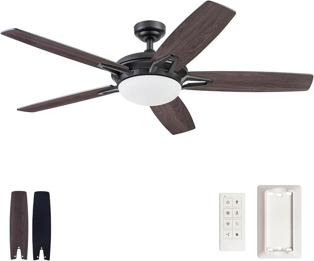 Prominence Home Clancy 52 Inch Contemporary LED Ceiling Fan with Light, Remote Control, Reversible Motor, 5 Dual Finish Blades, Matte Black