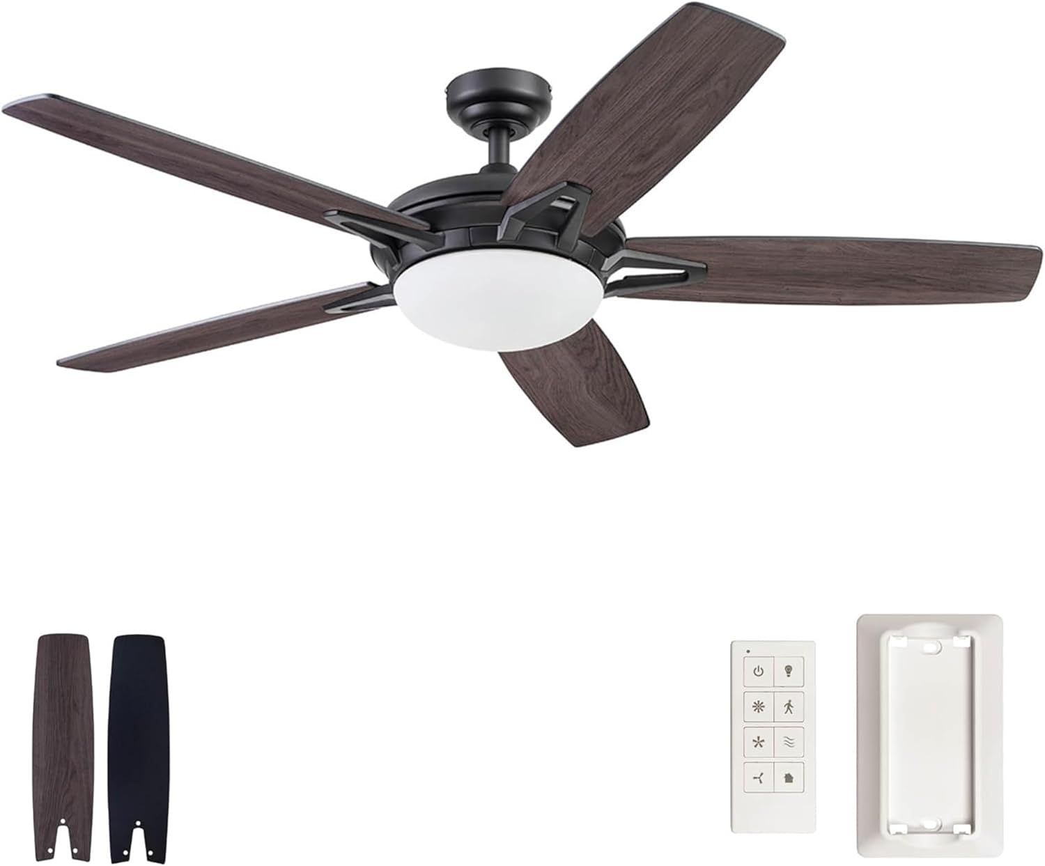Prominence Home Clancy 52 Inch Contemporary LED Ceiling Fan with Light, Remote Control, Reversible Motor, 5 Dual Finish Blades, Matte Black