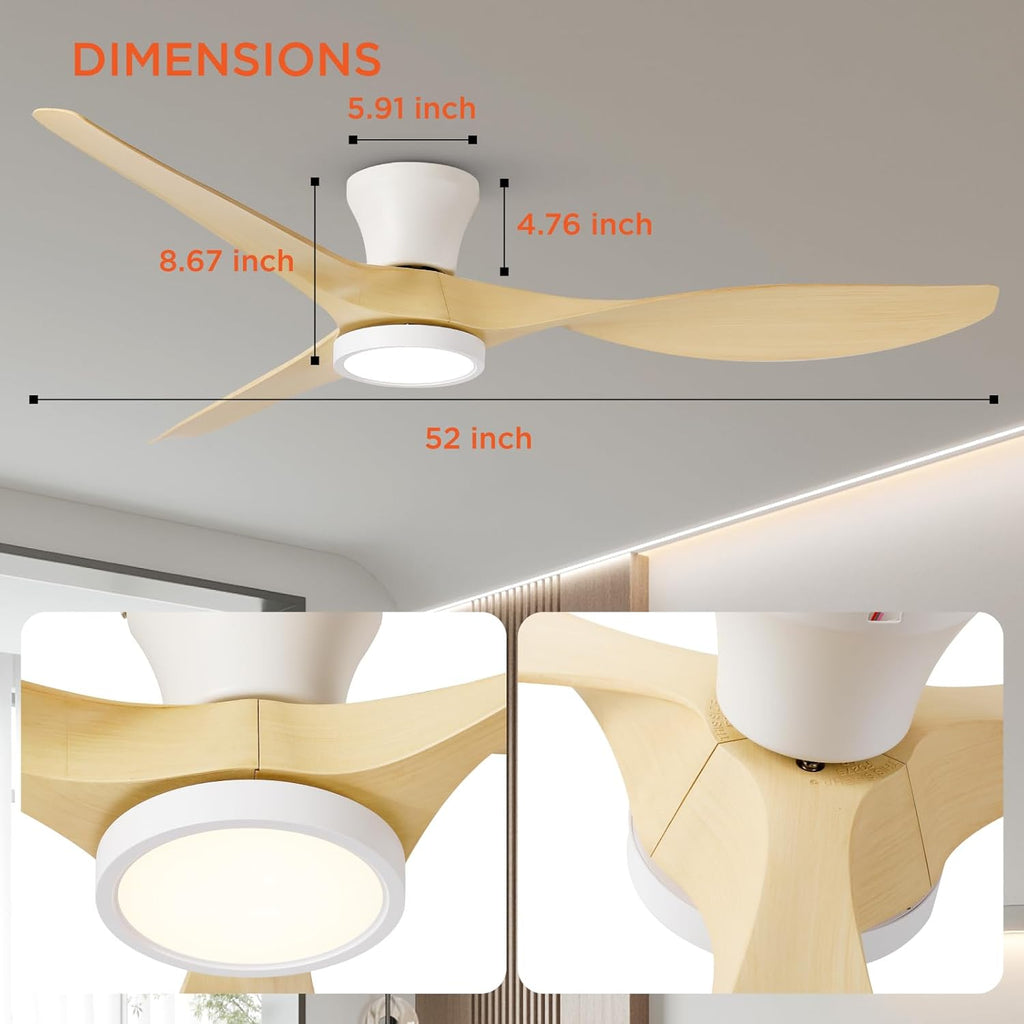 TALOYA 52 inch Ceiling Fans with Lights and Remote, Flush Mount Low Profile Ceiling Fan with Reversible DC Motor ABS Blades for Bedroom Living Room Kitchen Light Oak Finish