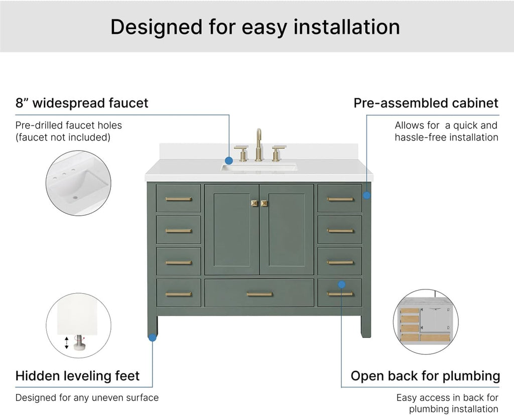 ARIEL Cambridge 48-inch Bathroom Vanity with Sink,Solid Wood, 1.5-inch Pure White Quartz Countertop, Single Rectangular Porcelain Sink, 2 Soft Closing Doors, 9 Dovetail Drawers, Vintage Green
