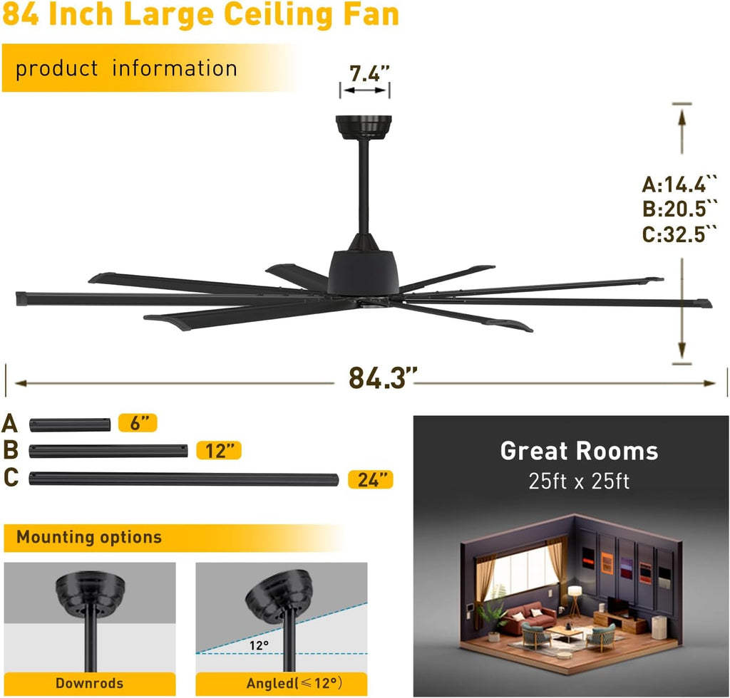 Minislak 84 Inch Ceiling Fan No Light with 8 Black Aluminum Blades,Industrial DC Motor Fan Quiet Operation with Remote,6 Speeds,Large Indoor Outdoor Ceiling Fan for Garage,Patio,Living Room