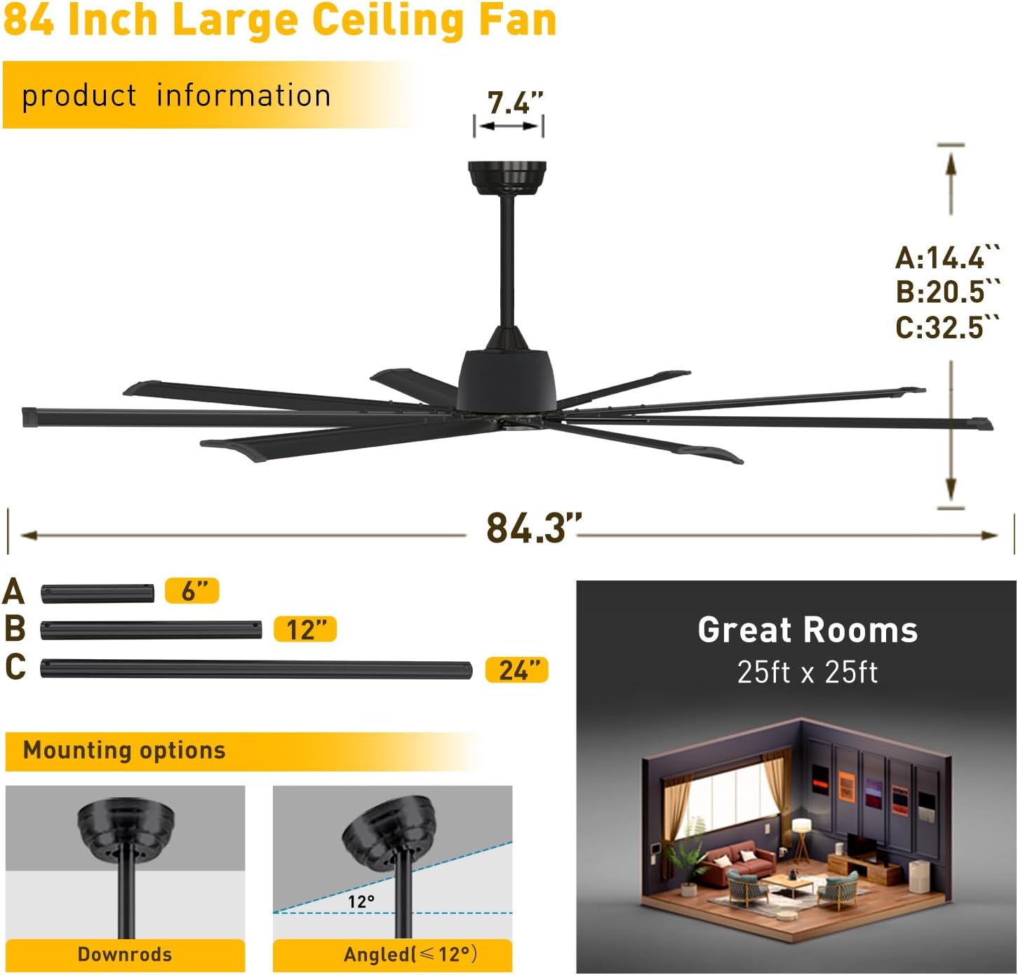 Minislak 84 Inch Ceiling Fan No Light with 8 Black Aluminum Blades,Industrial DC Motor Fan Quiet Operation with Remote,6 Speeds,Large Indoor Outdoor Ceiling Fan for Garage,Patio,Living Room