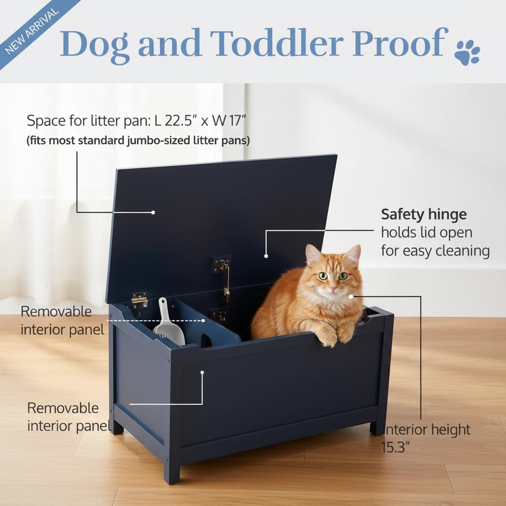Parker Designer Catbox Modern Wood Cat Litter Box Enclosure Pet Furniture, Elegant, Odor Contained for Large Cats, Charcoal