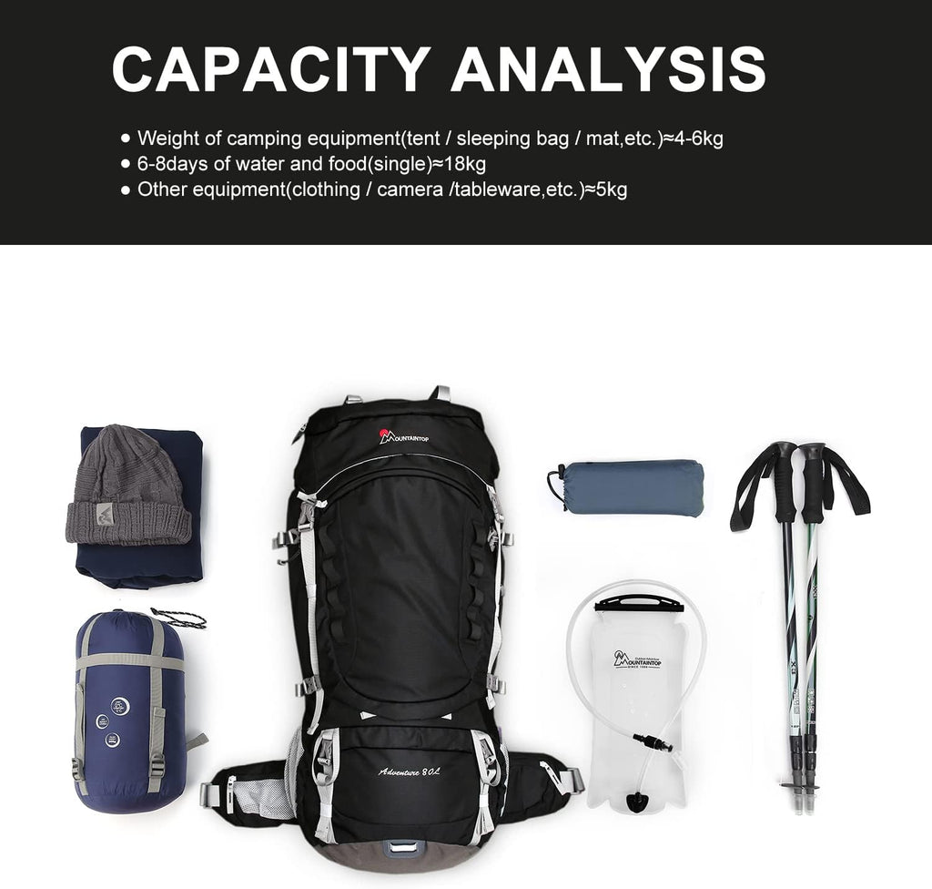 MOUNTAINTOP 80L Internal Frame Backpack for Man & Women Backpacking Hiking Backpack with Rain Cover