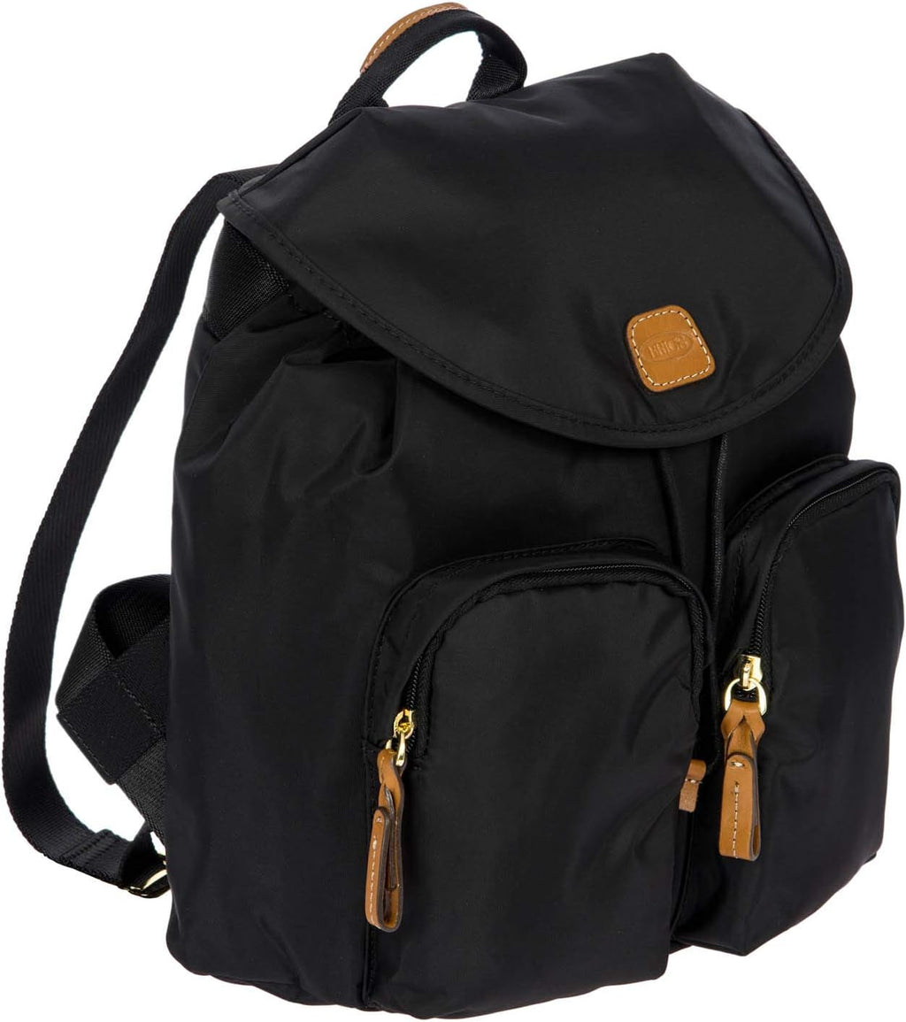 Bric's X-Travel Piccolo City Backpack 10', Water-Resistant Satin Nylon Daypack with Leather Details, Drawstring Closure, Adjustable Straps and Multi-Pocket Organization - Black