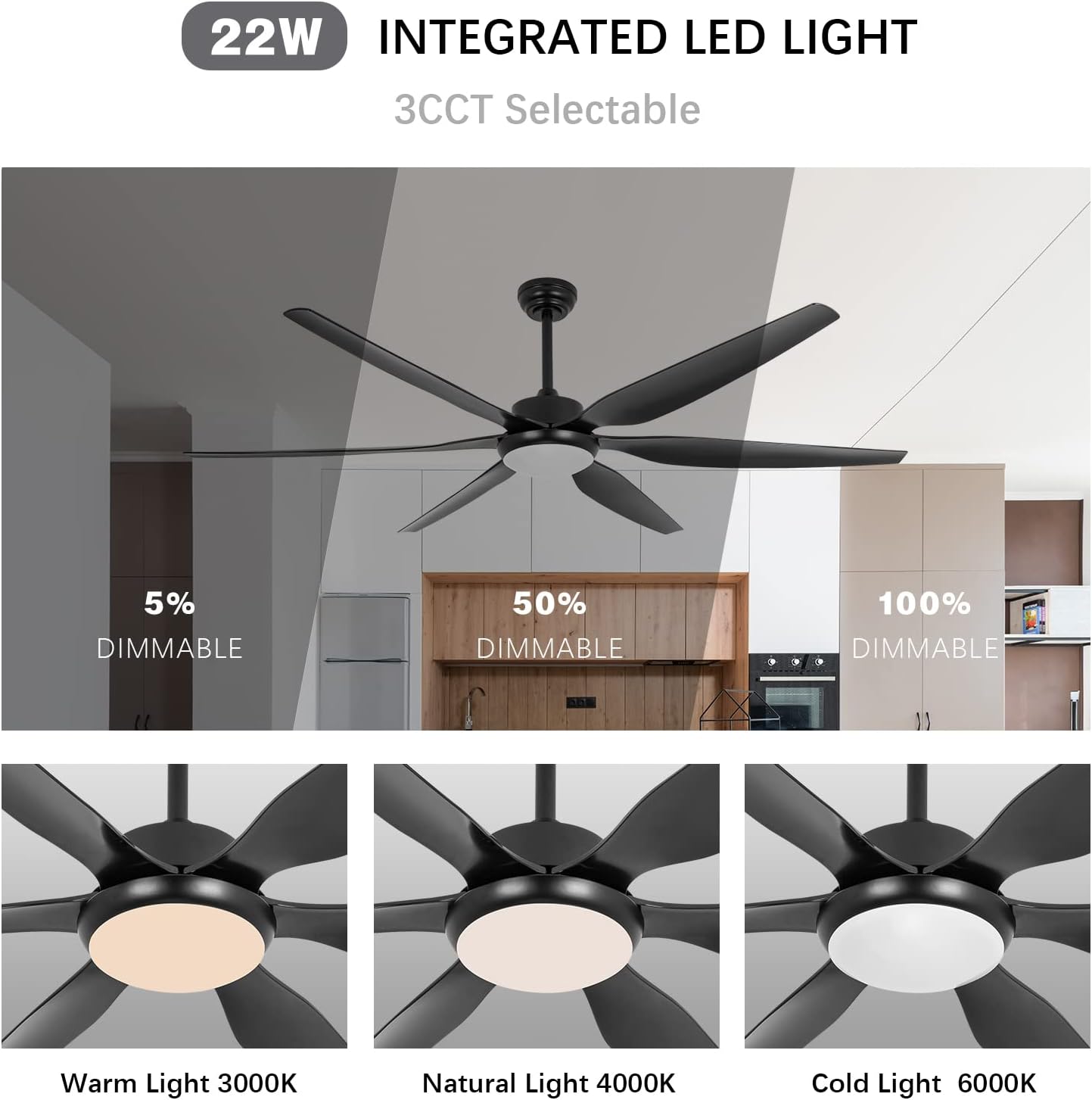 65 Inch Ceiling Fan with Lights and Remote,6 Blades,Reversible,6 Speed Noiseless DC Motor,Large Ceiling Fan Black for Indoor Outdoor Bedroom/Patios/Farmhouse