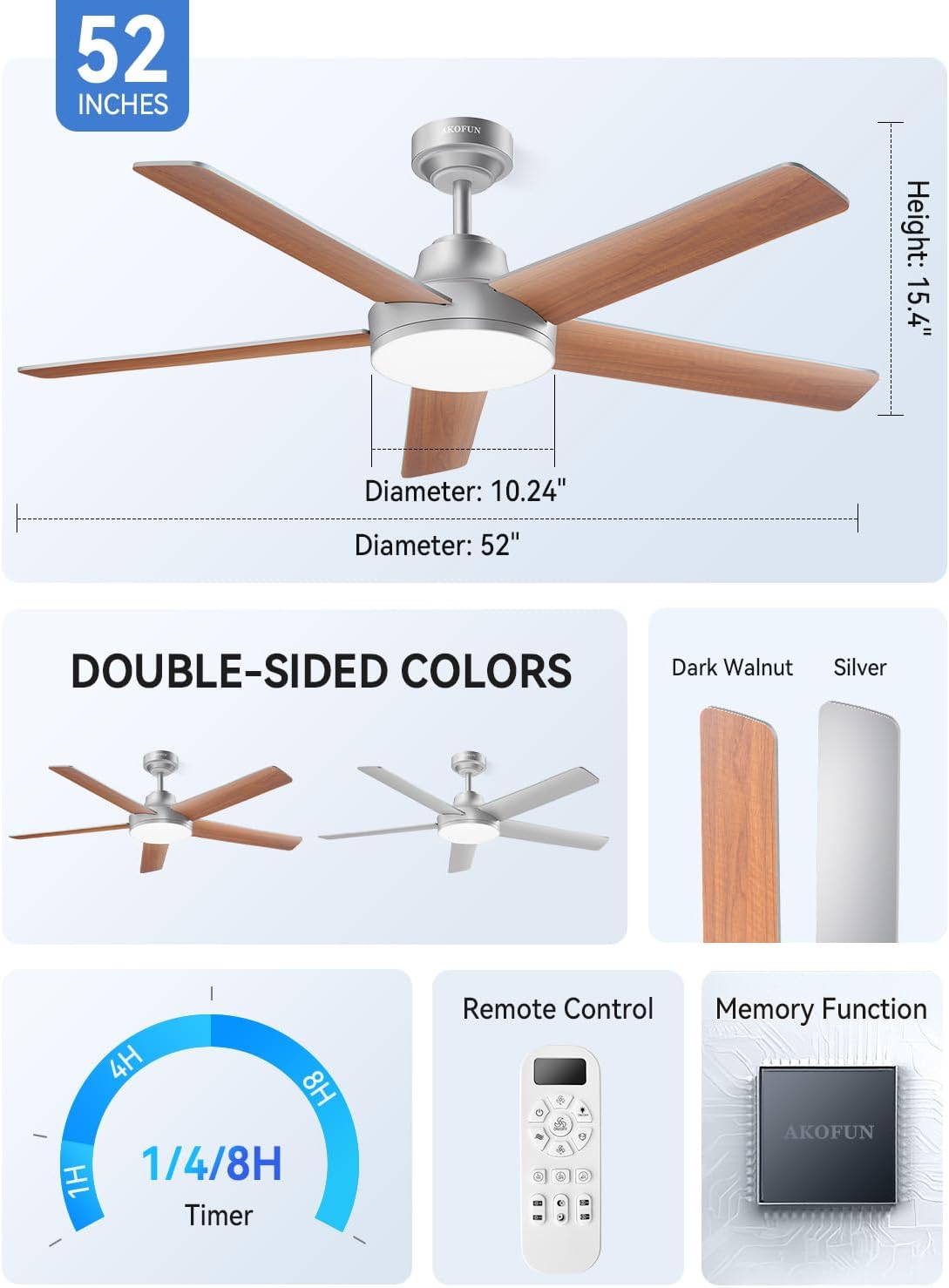 AKOFUN Ceiling Fans with Lights and Remote, Low Profile Ceiling Fan with Light, 6 Speed, Dimmable, DC Motor, Quiet, Timer, Modern LED Ceiling Fan for Bedroom Living Room 52 inch, Silver