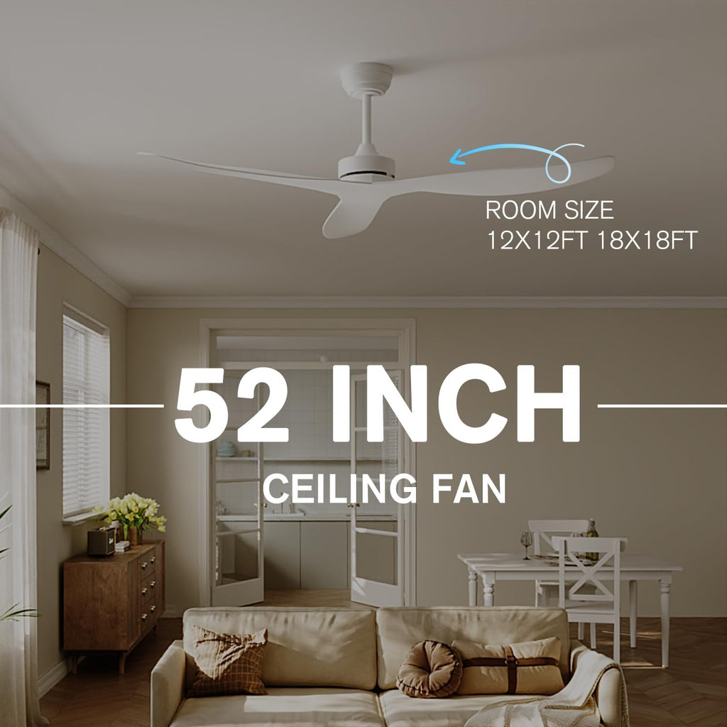 White Ceiling Fan No Light,52' Ceiling Fan Without Light with Remote,3 Blade Reversible,for outdoor indoor Patios/Farmhouse/Bedroom