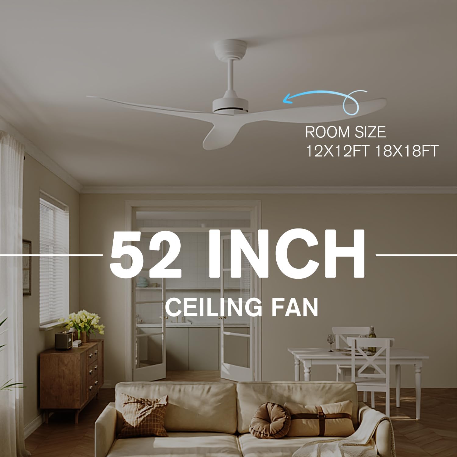 White Ceiling Fan No Light,52' Ceiling Fan Without Light with Remote,3 Blade Reversible,for outdoor indoor Patios/Farmhouse/Bedroom