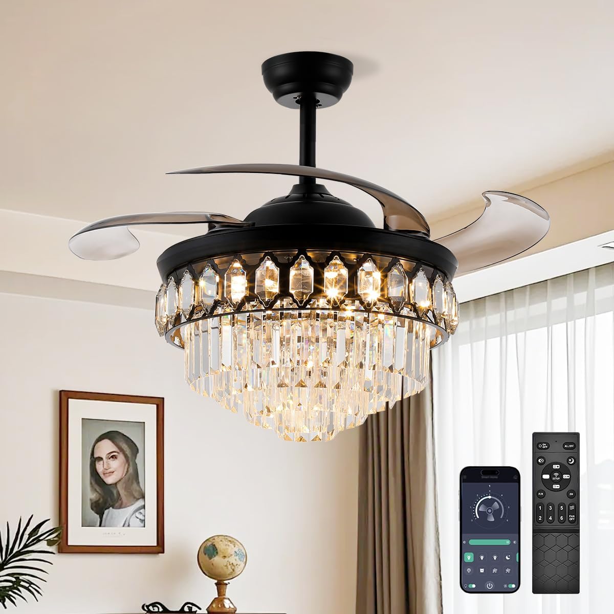 42 Inch Crystal Chandelier Ceiling Fan with Light Retractable Invisible Blade LED Lighting with Remote Control 6 Speed 3 Lighting Change Black Fandelier with Memory Function Black