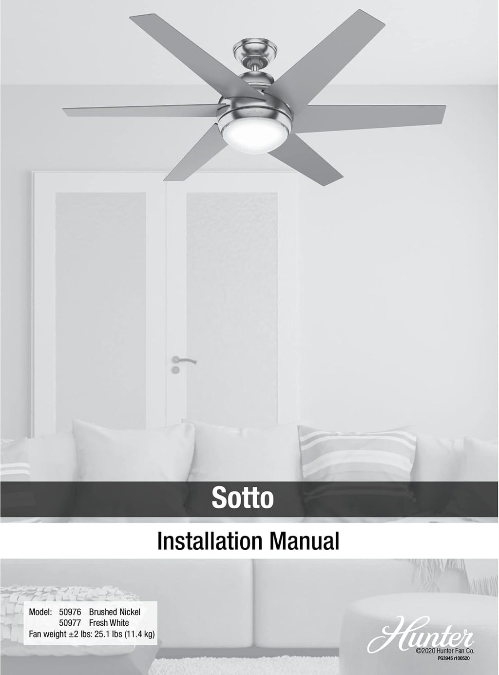 Hunter 52 inch Indoor Ceiling Fan with LED Light and Remote Control - Modern White Ceiling Fan, Standard Mount, 6 Blades, For Bedroom, Living Room, or Kitchen, Quiet - Sotto 50977, Fresh White