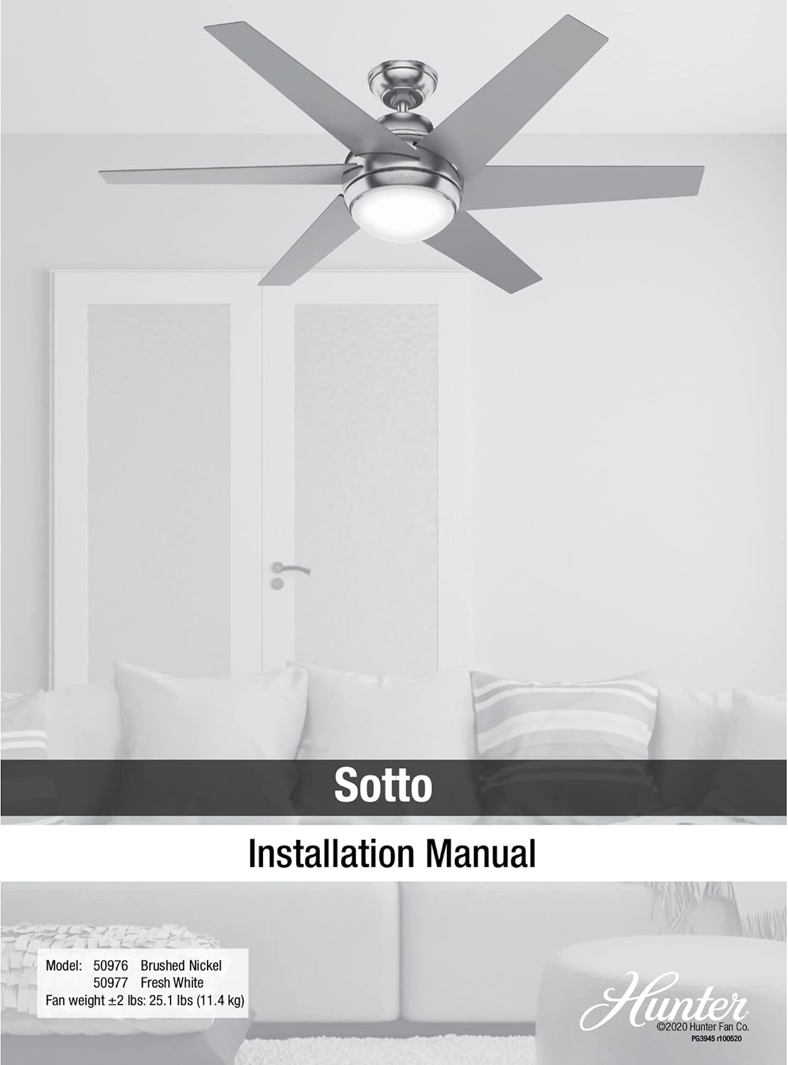 Hunter 52 inch Indoor Ceiling Fan with LED Light and Remote Control - Modern White Ceiling Fan, Standard Mount, 6 Blades, For Bedroom, Living Room, or Kitchen, Quiet - Sotto 50977, Fresh White
