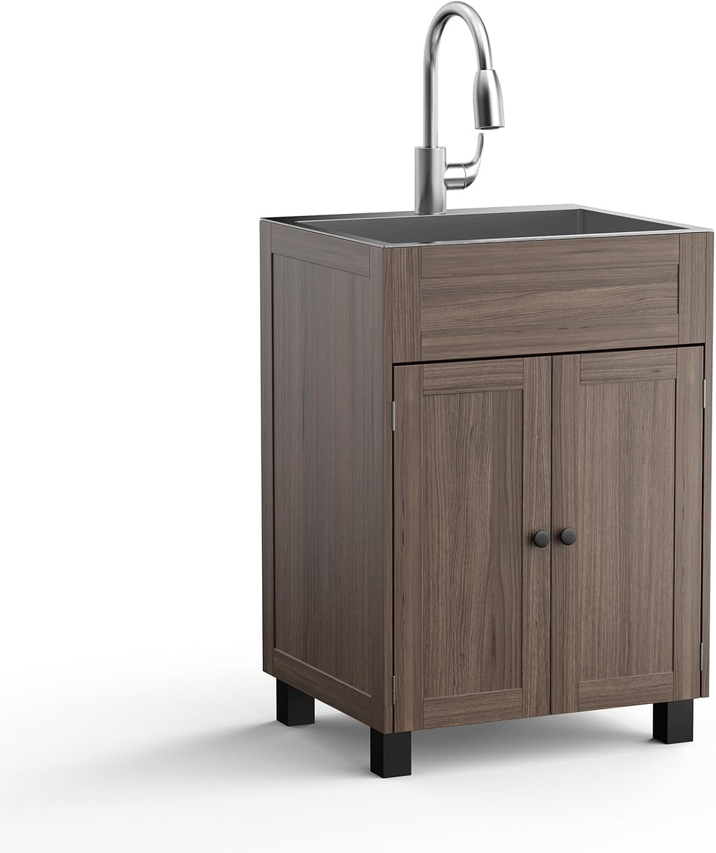 VINGLI's 24-Inch Laundry Sink comes with a pull-out sprayer faucet and Brown cabinet. This stainless steel utility sink with cabinet is ideal for laundry and utility rooms, kitchens