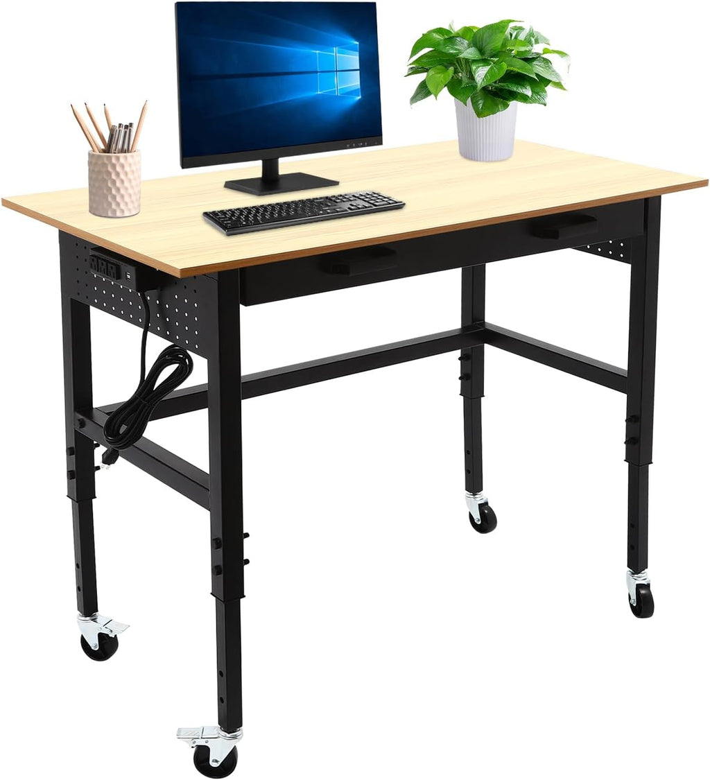 Adjustable Workbench with Power Outlets, 47' L X 24' W Hardwood Workbench Wood Work Station with Universal Wheels, Heavy-Duty Work Benches for Garage Party Shop Office