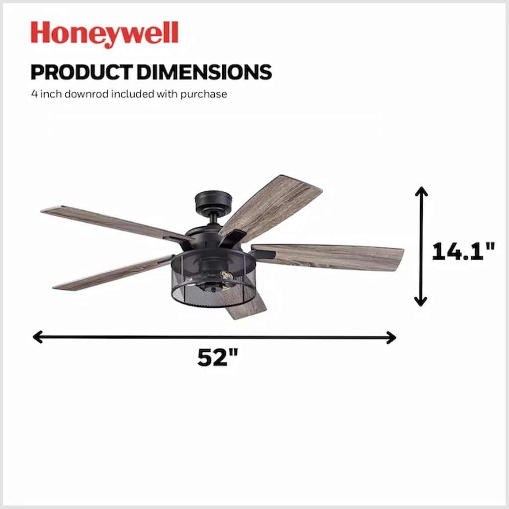 Honeywell Ceiling Fans Carnegie, 52 Inch Industrial LED Ceiling Fan with Light and Remote Control, Dual Mounting Options, Dual Finish Blades, Reversible Motor - 51928-01 - (Matte Black)