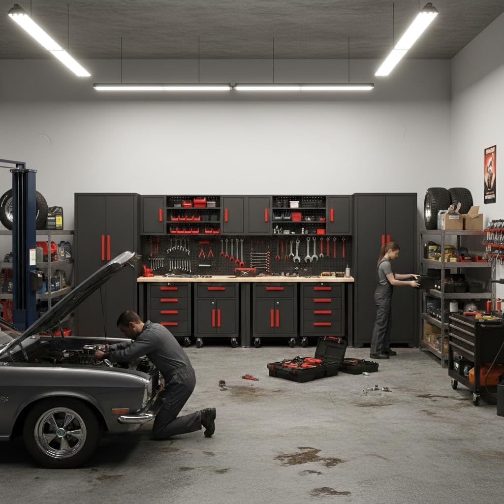 Garage Storage Cabinet System, 12PCS Garage Cabinets and Storage System Kit Workshop Set with Steel Cabinet, Cabinet Drawers, Workbench, Red Handle