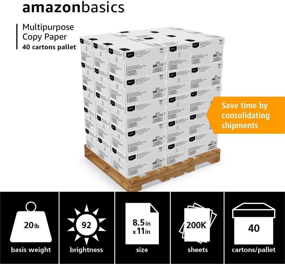 Amazon Basics Multipurpose Copy Printer Paper, 8.5 x 11 Inches, 20 lb, 92 Bright, White, Pallet, 400 Reams (200,000 Sheets)