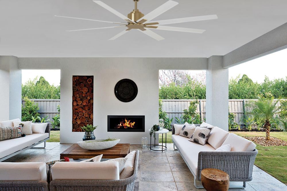 MINKA-AIRE F896-65-SBR/WHF Xtreme H2O 65 Inch DC Motor Outdoor Ceiling Fan with Remote Control in Soft Brass Finish with Flat White Blades