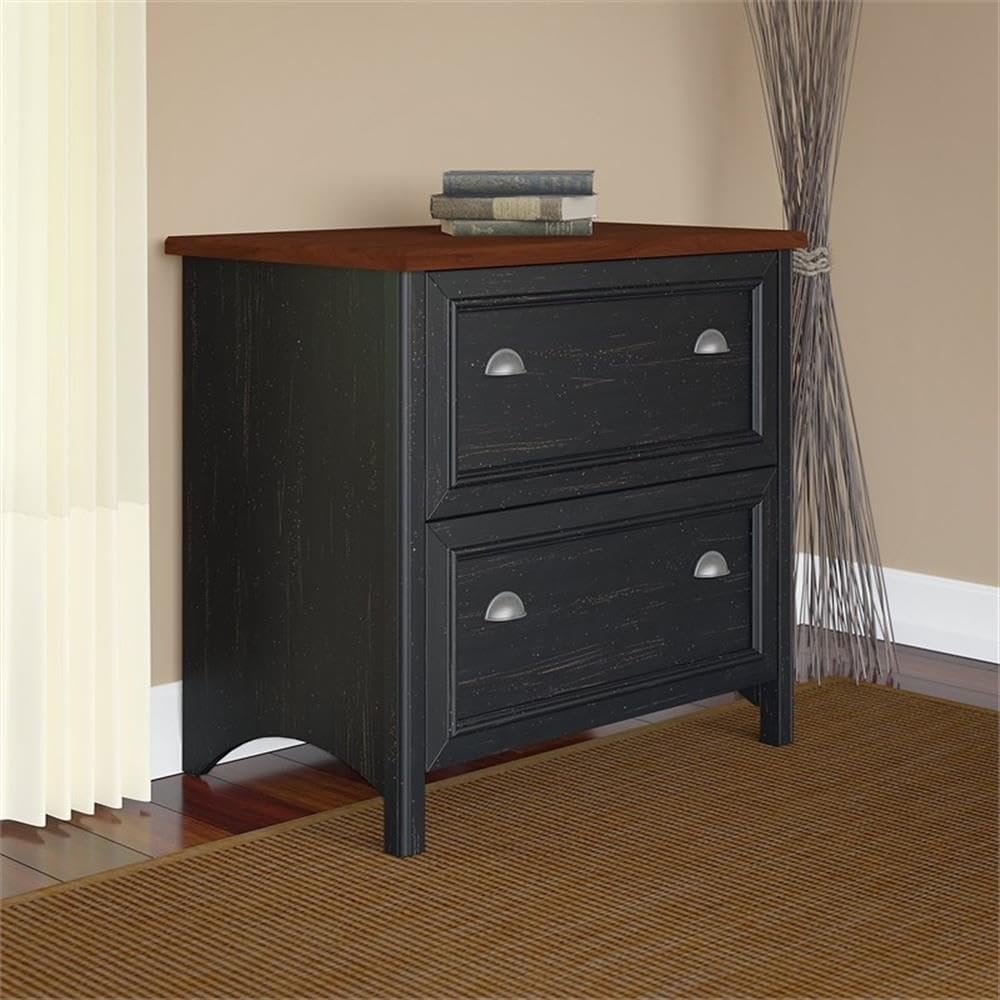 Bush Home Fairview 2 Drawer Lateral File Cabinet in Antique Black/Hansen Cherry, Home Office Storage for Letter, Legal, and A4-Size Documents