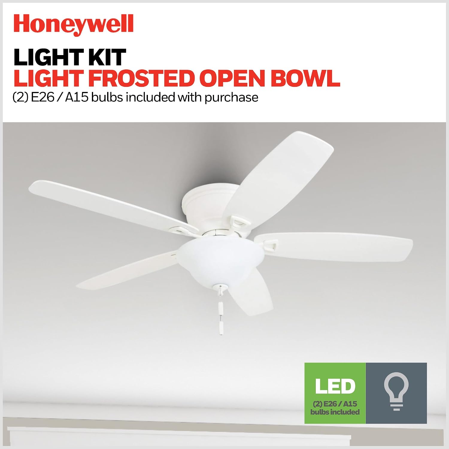 Honeywell Glen Alden 52 Inch Indoor LED Ceiling Fan with Bowl Light, Pull Chain Control, 5 Dual-Finish Blades, Quiet Reversible Motor, White