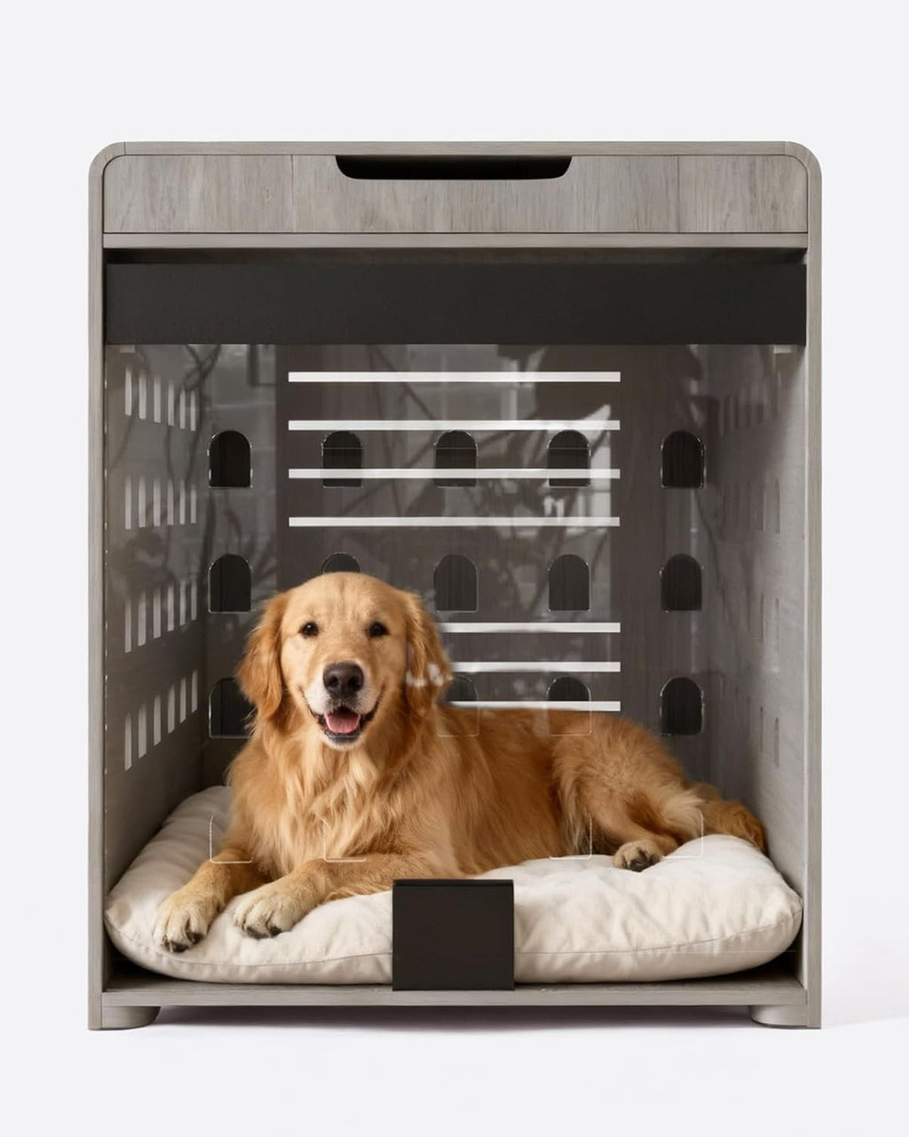 Modern Dog Crate Furniture with Charging Station Large Kennel Indoor with Flip-up Hidden Acrylic Door for Large and Medium Breeds up to 110lb Wood Pet End Side Table Cage, Grey