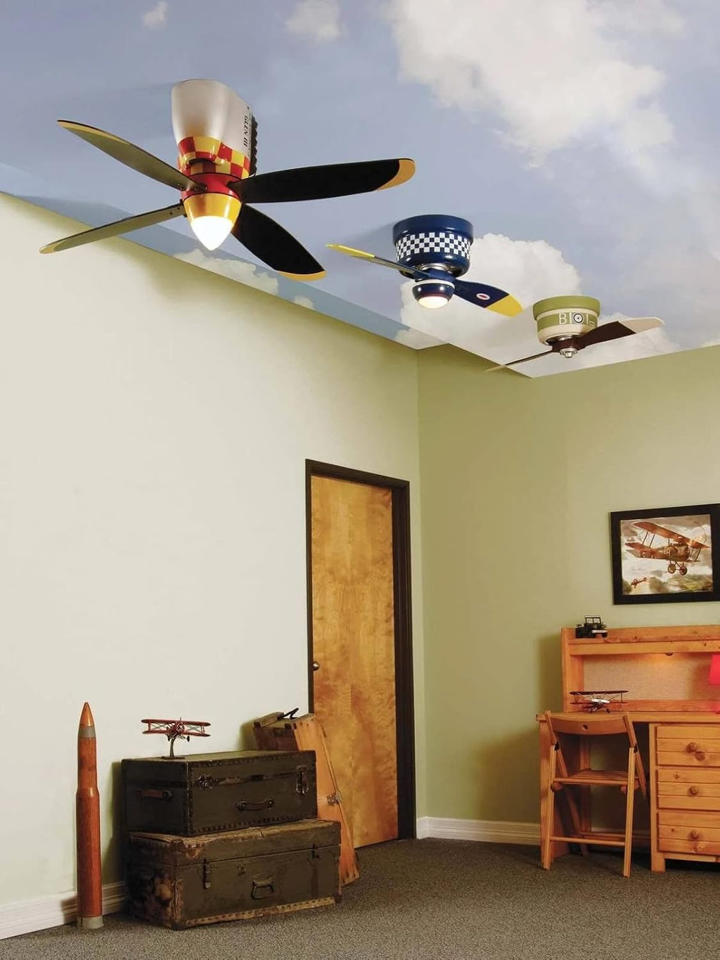 Craftmade 48' War Planes Tiger Shark Indoor Hugger/Flushmount Youth Ceiling Fan in Custom Warbird Black/Tiger Shark Red Finish with Integrated Non-Dimmable LED Light Kit, 1 x 4.5W LED Bulb Included
