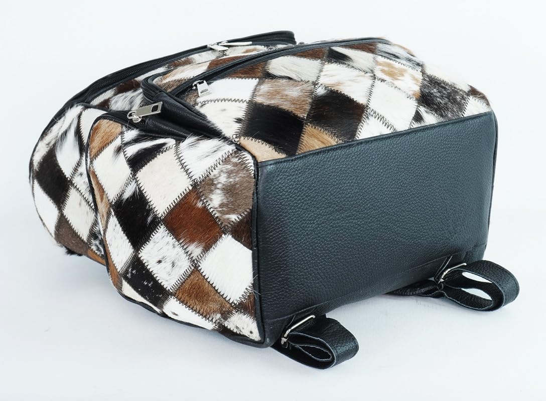 Western Black Patchwork Cowhide Leather Backpack - Everyday Travel Backpack - Genuine Leather Cow Print Checkered Diaper Bag