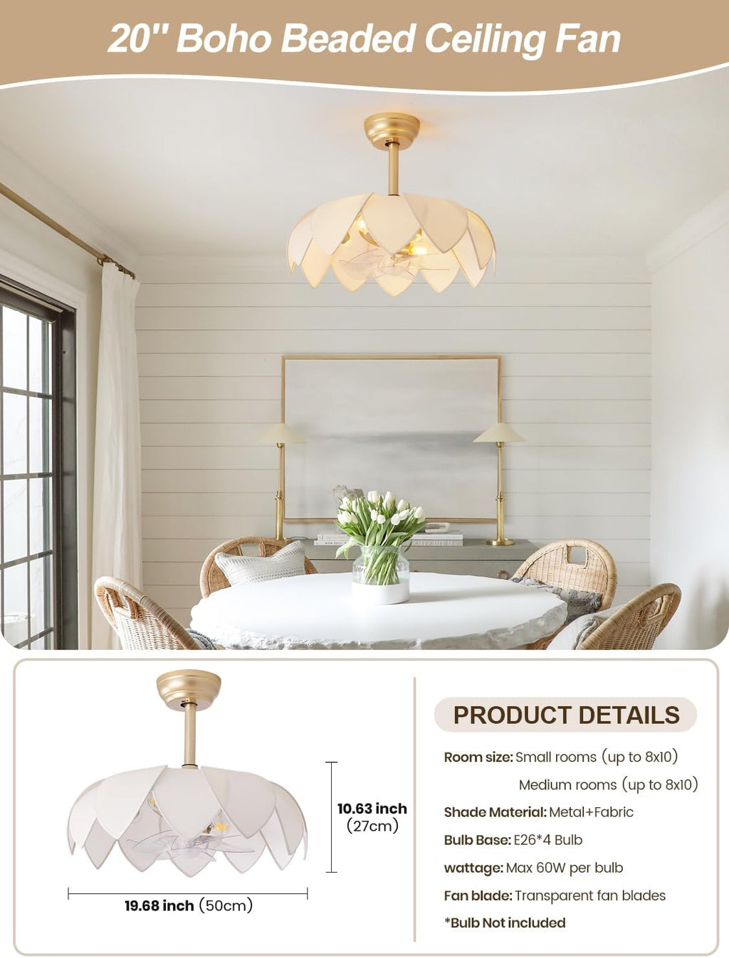 ainqiant 20' Gold Fandelier Ceiling Fans with Lights,Flower Chandelier Ceiling Fan with Light and Remote Control, Boho Fandelier with 6 Speeds for Bedroom, Nursery, Living Room