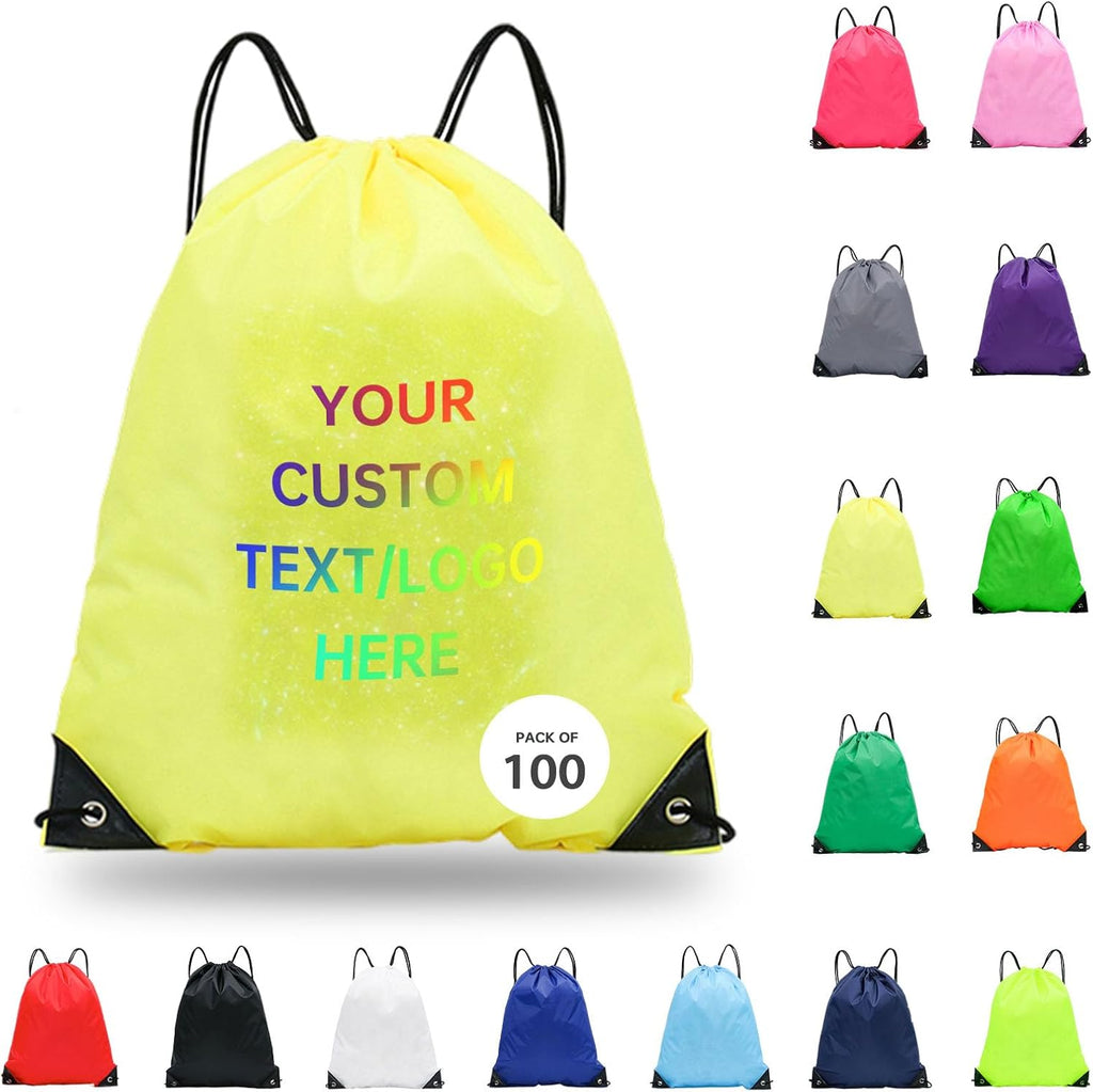 pack of 100 Custom Bags With Your Logo,customized backpack,promotional items,Drawstring Backpacks,Great for Everyday Use (Custom Yellow)