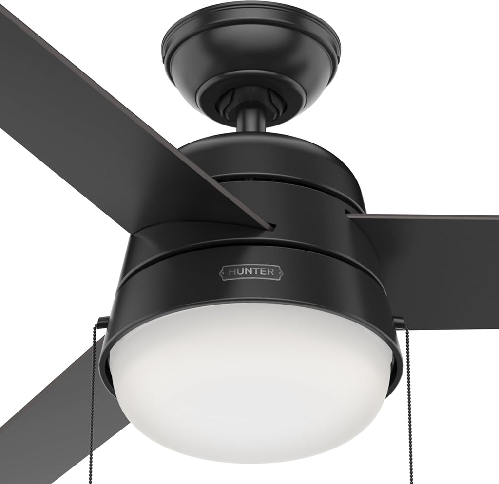 Hunter Fan 52 inch Ceiling Fan with Light, Outdoor or Indoor Black Ceiling Fan with Pull Chain for Porch, Living Room, Office, Kitchen, Garage, 3 Blades (Renewed)