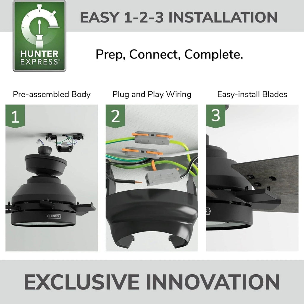 Hunter Fan 52 inch Matte Black Indoor Ceiling Fan with Light and Remote for Bedroom, Large Room/Great Room, Dining Room, Kitchen, Office (Renewed)