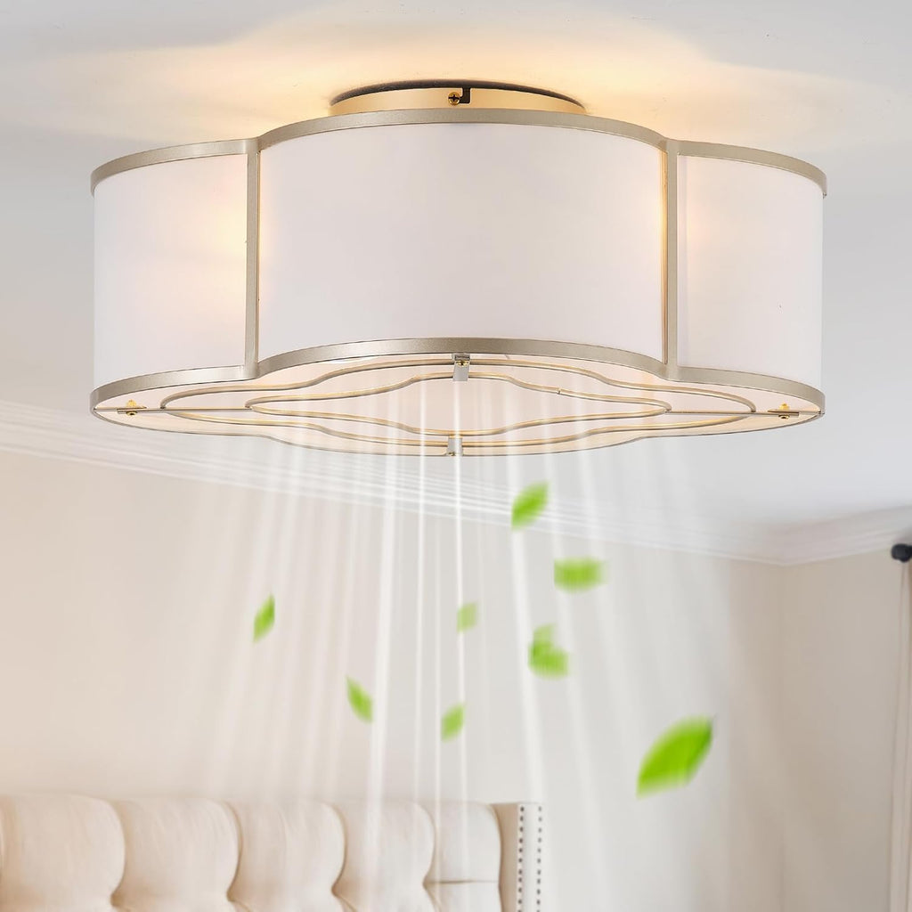 Gold Caged Boho Ceiling Fan with Lights, 20' Flush Mount Ceiling Fans with Lights Remote Control, Low Profile Bladeless with 6 Speeds for Bedroom, Nursery, Kitchen