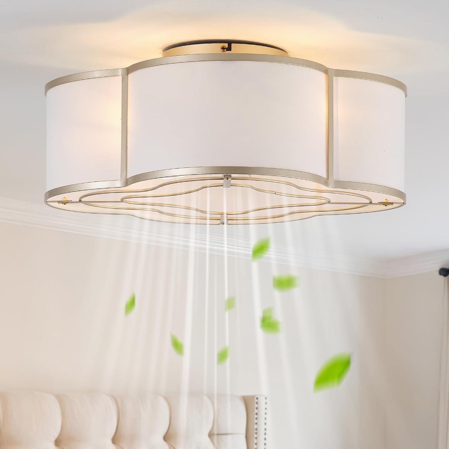 Gold Caged Boho Ceiling Fan with Lights, 20' Flush Mount Ceiling Fans with Lights Remote Control, Low Profile Bladeless with 6 Speeds for Bedroom, Nursery, Kitchen