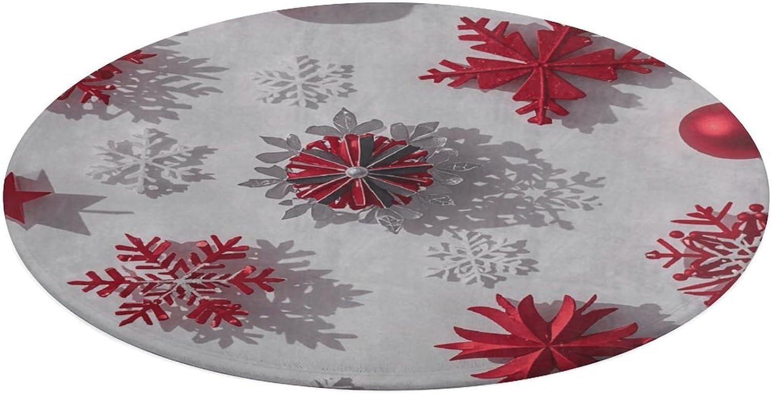 Christmas Red and Gray Snowflakes Coral Velvet Round Floor Mat Non-Slip Bath Rug Floor Covering for Bathroom Vanity Guest Suite & Vacation Home