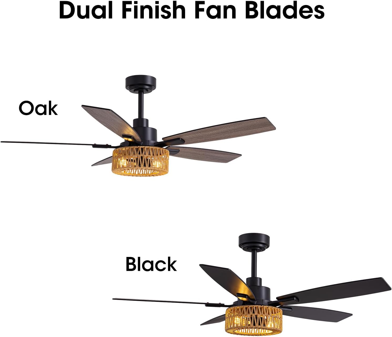 LuminFan 52 Inch Boho Black Rattan Ceiling Fans with Lights and Remote Control, Farmhouse Caged Rattan Ceiling Fan for Dining Room, Bedroom, Living Room and Patio, Indoor/Outdoor